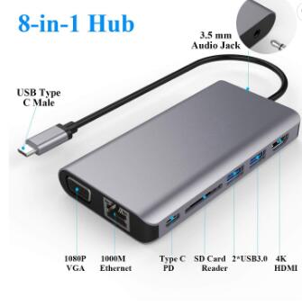 Sales Type-c Usb Hub 8in1 USB3.0 CARD READER PD RJ45 HD-MI Audio