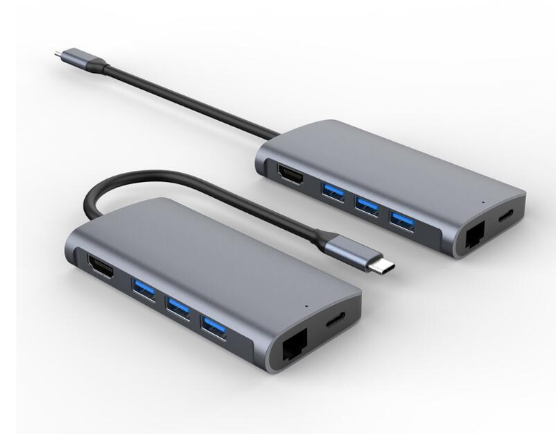 Aluminium Alloy USB HUB Type C 8 Ports with USB3.0+SD/TF Card Reader+HD MI+RJ45+PD 