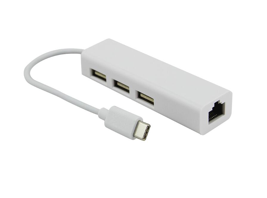 RJ45 Gigabit Ethernet LAN Network Adapter Type C to 3-Port USB Hub cable 